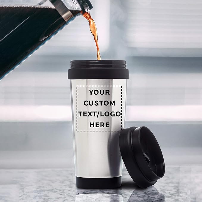 Custom Insulated Stainless Steel Travel Mugs 16 oz. Set of 50, Personalized Bulk Pack - Perfect for Iced Coffee, Soda, Other Hot & Cold Beverages - Stainless Steel