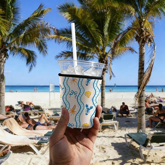 Neoprene Iced Coffee Sleeve 3 Pack, Reusable Insulated Cup Holder with Cute Ocean Pattern, Fits 16–32 oz Tumblers, Compatible with Starbucks & Dunkin, Drink Sleeves for Iced Coffee
