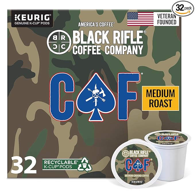 Black Rifle Coffee Company CAF, 32 Count, Medium Roast K Cups - Single Serve K Cups Coffee Pods - Kcup Pods Compatible with Keurig 1.0 & 2.0 - Made from Arabica Beans