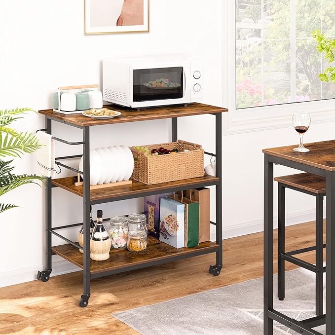 HOOBRO Kitchen Island with Storage, Industrial Kitchen Counter with Hooks and Side Enclosures, 3 Tier Kitchen Cart with Large Workstation, Saving Space, Easy Assembly, Rustic Brown and Black BF03ZD01