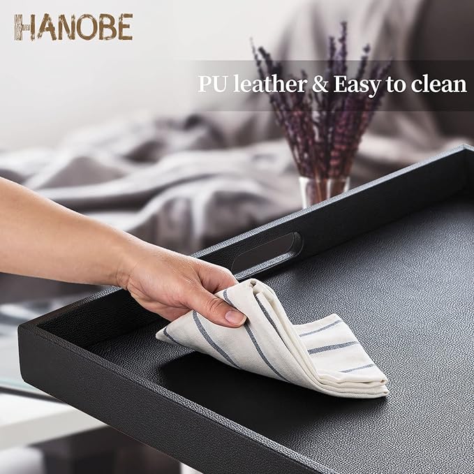 Hanobe Square Large Ottoman Tray: Extra Large Black Serving Tray for Ottomans Big Leather Decorative Tray with Handles for Coffee Table Living Room 22" x 22"