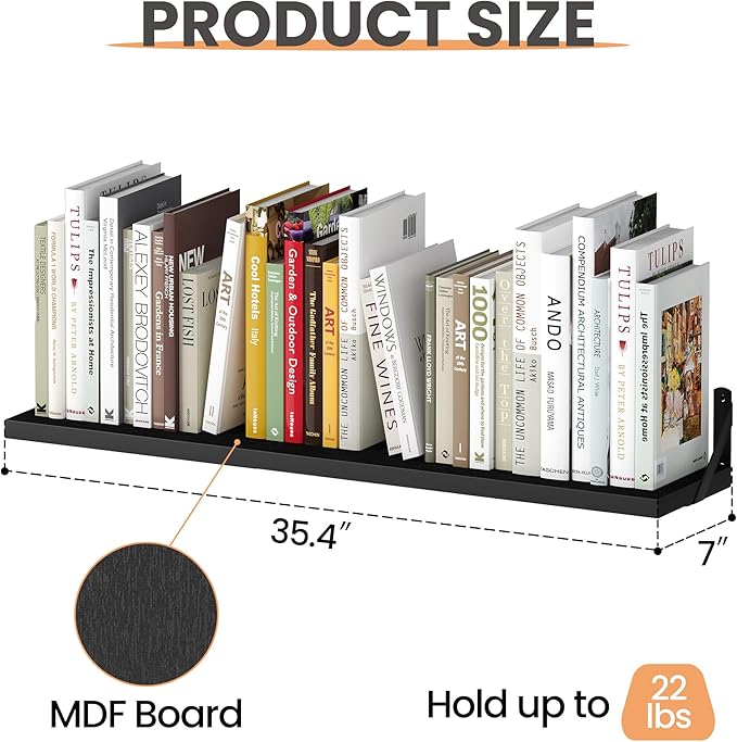 upsimples Floating Book Shelves for Wall, 35.4 Inches Long Floating Wood Shelves for Living Room, Library, Bedroom, Office Organizer and Storage, Black