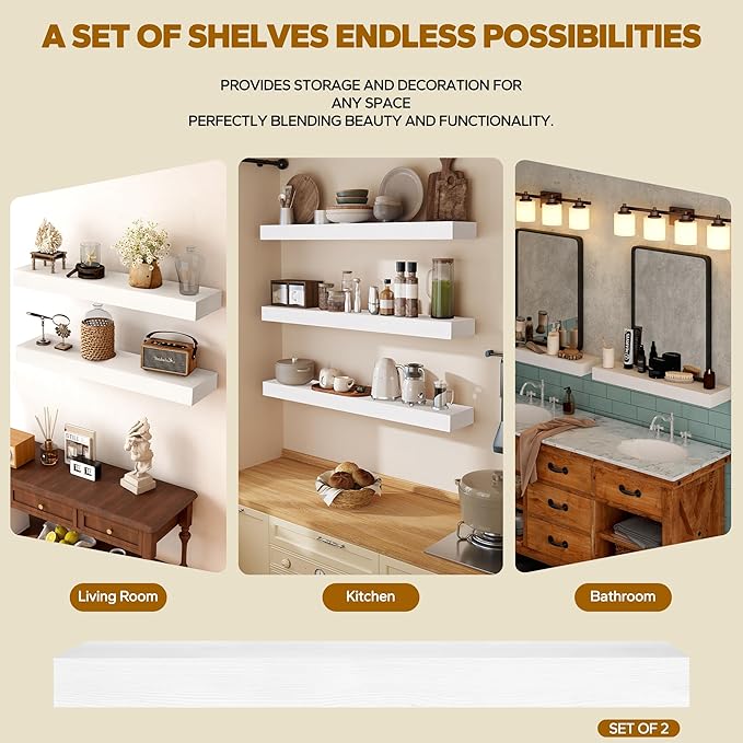 Floating Shelves 3 inch Thick for Wall Set of 2,Solid Pine Wood Wall Mount Shelf for Kitchen Living Room Bedroom Bathroom,8" D x 24" L x 3" H-White