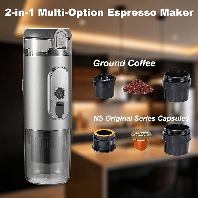 Portable Electric Espresso Machine Travel Coffee Maker 20 bar Mini Espresso Self-Heating Car Coffee Maker Compatible with Ground Coffee & NS Capsule for Camping RV Hiking Offic, Gray