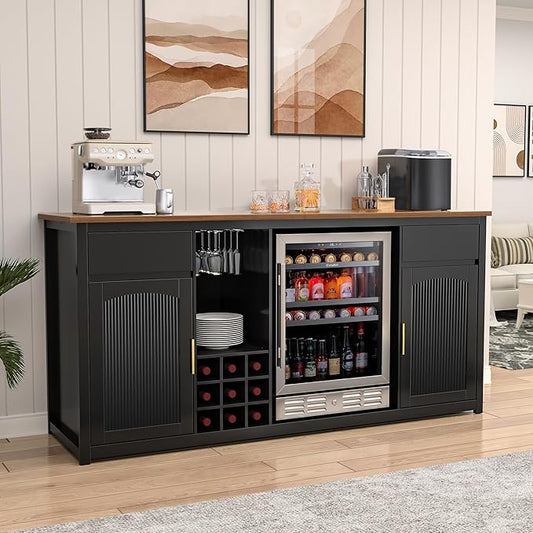 GDLF Extra Long Bar Cabinet with Fridge Space, Modern Wine Liquor Cabinet with Storage and Power Outlet, Buffet Sideboard with Fluted Doors for Home, 78.7 Inch, Black