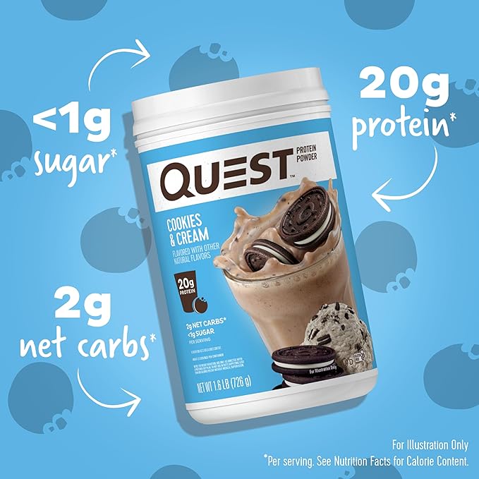 Quest Nutrition Cookies & Cream Protein Powder, 20g Protein, 1g Sugar, Low Carb, Gluten Free, 1.6 Pound, 24 Servings