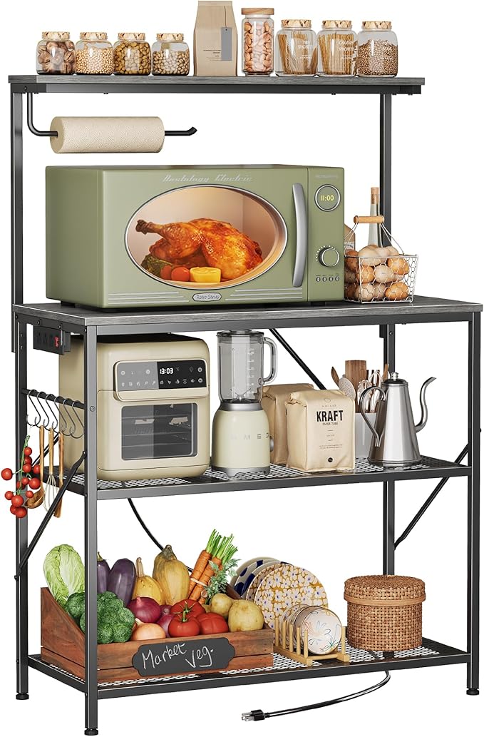 Huuger 4-Tier Bakers Rack with Reversible Power Outlet, 31.5 Inch Microwave Stand, Kitchen Coffee Bar, with Top Shelf, 6 S Hooks, Grey