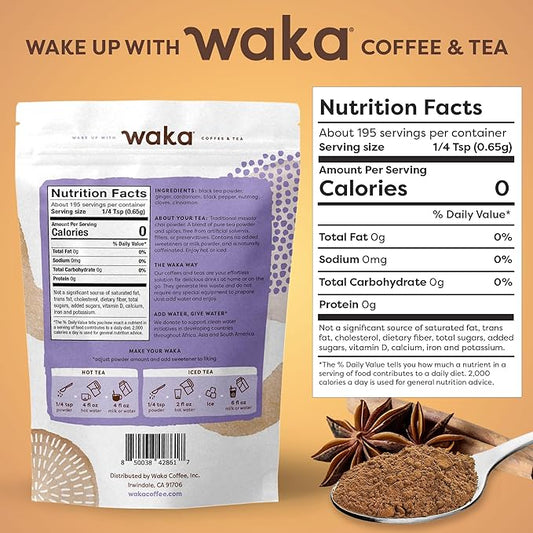 Waka Traditional Chai Tea Powder Mix - Chai Tea Concentrate Sugar Free, Pure Leaves from India, Natural Spices, Unsweetened, No Additives (4.5oz Pouch, 195 Servings)