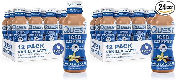 Quest Nutrition Iced Coffee,Vanilla Latte,1g Sugar,10g Protein,90 calories,200mg of caffeine,(Pack of 24)