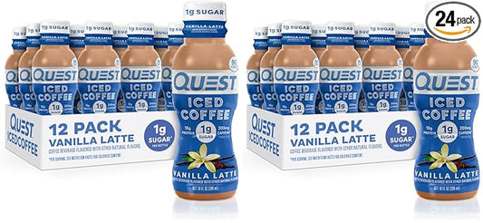 Quest Nutrition Iced Coffee,Vanilla Latte,1g Sugar,10g Protein,90 calories,200mg of caffeine,(Pack of 24)