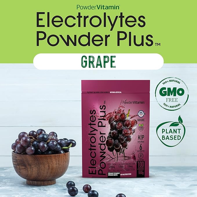 PowderVitamin Electrolytes Powder Plus (100 Servings) Grape Electrolyte Powder Zero Calorie Keto, 0 Sugar, No Maltodextrin,1000mg Potassium,120mg Calcium,120mg Magnesium, Hydration Powder