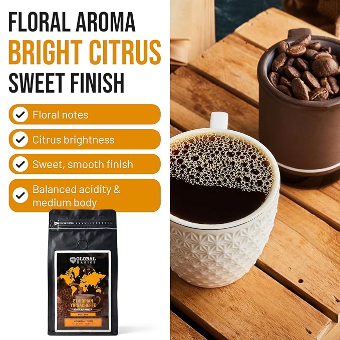 Ethiopian Yirgacheffe Whole Bean 12 Ounce Coffee - Medium Roast - Ehiopian Coffee