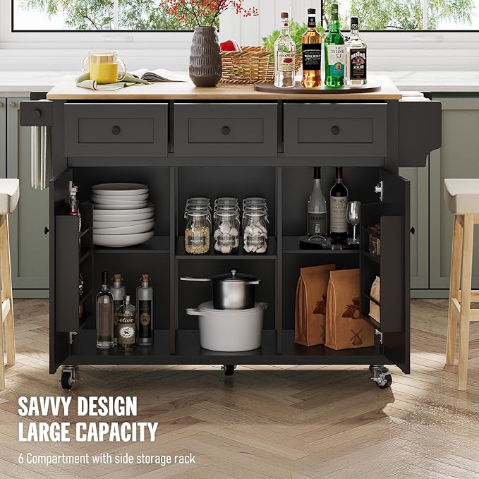 Kitchen Island with Storage on Wheels, 53" Large Rolling Kitchen Island with Drop Leaf, Mobile Kitchen Islands Cart with 3 Drawers 2 Cabinet, Open-Shelf, Islands Table (Black, 3 Drawers)