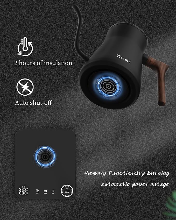 Gooseneck Electric Kettle with ±1°F Precise Temperature Control, Smart Two-Stage Heating, 304 Stainless Steel Interior, Fast Boil & 2-Hour Keep Warm, Pour Over Coffee & Tea, 0.9L,Wood Black