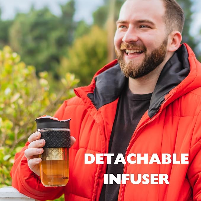 Large Travel Mug Loose Tea Infuser - Detachable Tea Strainer with Spill Proof Lid - 18oz/530ml BPA-Free Reusable Glass Travel Coffee Cup with Silicone Band (Black, 18oz)