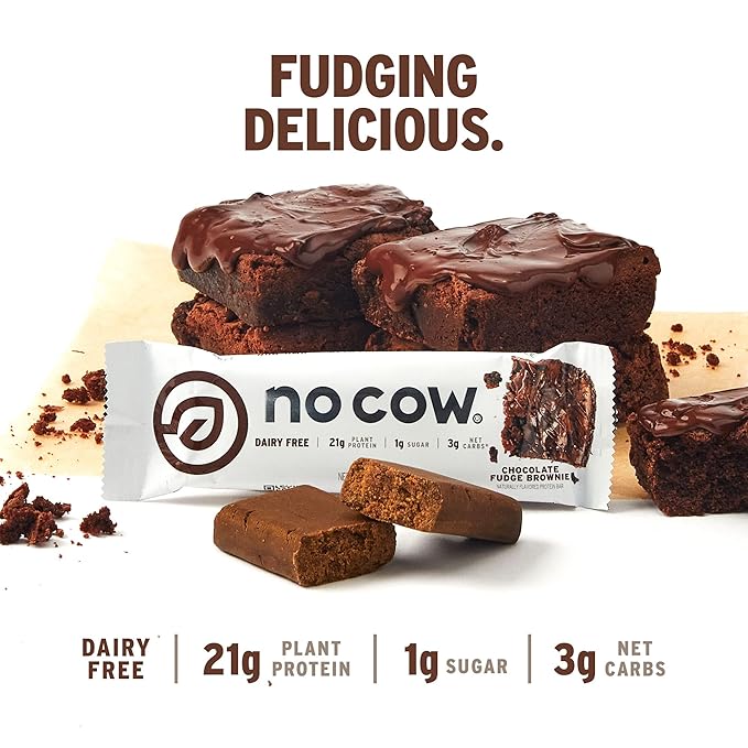 No Cow Vegan Protein Bars, Upgraded Chocolate Fudge Brownie | 20g Plant Based Protein, Gluten Free, Dairy Free, Soy Free, Keto Friendly, Low Sugar, High Fiber Snack Bars | Pack of 12