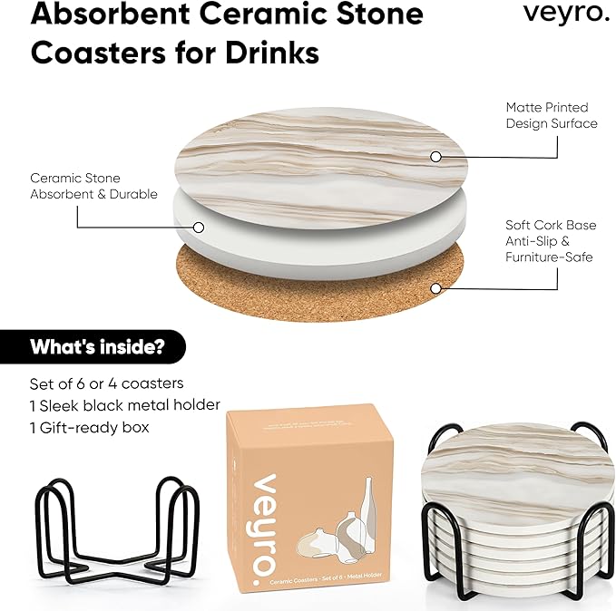 VEYRO Ceramic Coasters Set of 6 – Absorbent Stone Drink Coasters with Holder, Non-Slip Cork Backing, Modern Marble Look Coasters for Coffee Table, Desk & Home Decor