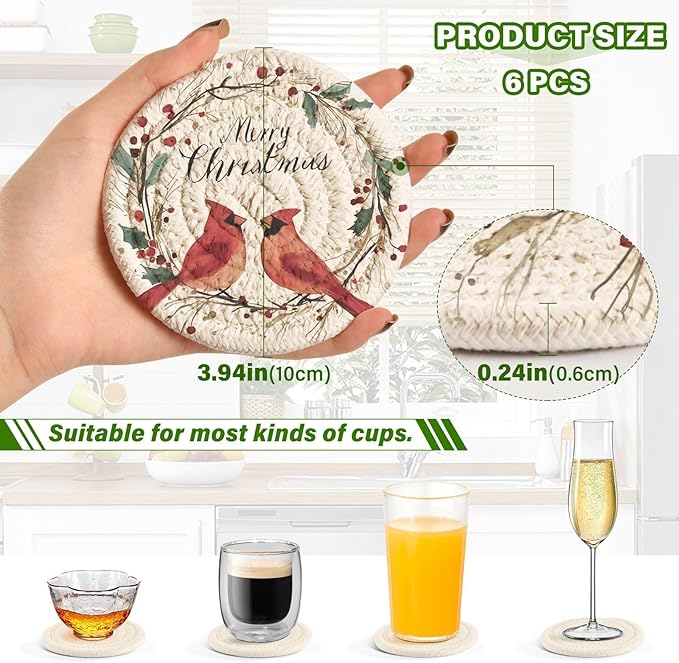 Christmas Coasters with Holder Wreath Cardinals Red Bird Coasters Set of 6 Cotton Woven Absorbent Cup Coaster Christmas Xmas Holiday Party Table Decor 4 Inches