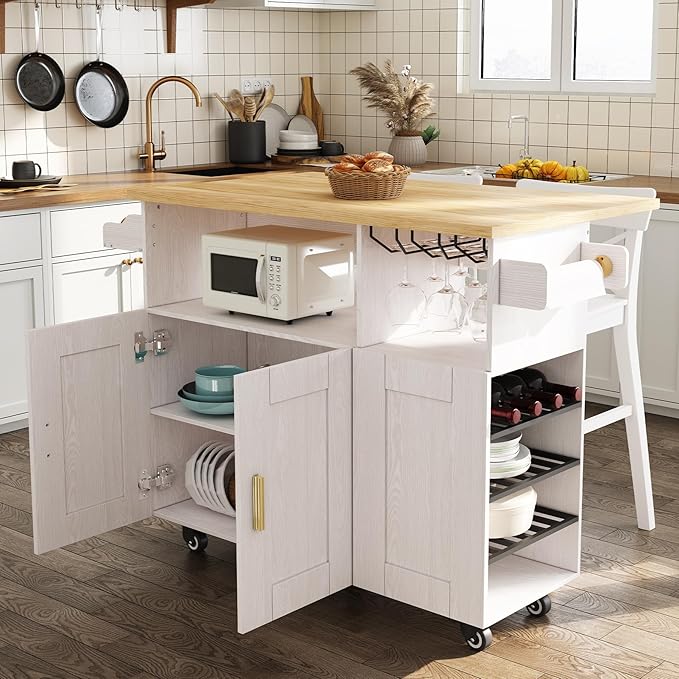 Rolling Mobile Kitchen Island with Storage and Drop Leaf, Island Table with Countertop Power Socket and Wheel (White, Model 1.2)