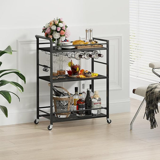 Black Bar Cart Home, Rolling Small Bar Cart, 3 Tier Liquor Cart, Wine Cart with Wine Rack, Drink Cart with Wheels, Metal Beverage Cart for Kitchen Dining Living Room Black GBC507B