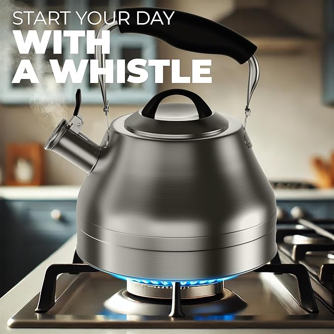 Stovetop Whistling Tea Kettle – 2.4 QT Stainless Steel Teapot with Ergonomic Handle, Fast Heating for Gas, Electric & Induction Stoves – Satin Finish, Silver