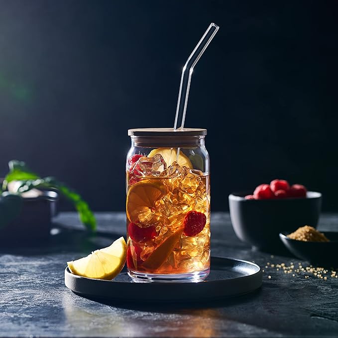 Set of 4 Can Shaped Drinking Glasses With Bamboo Lids & Straws - 16oz Clear Snifter Water Cups for Iced Coffee, Tea, Cocktails, Whiskey, Soda - Tumbler Cup
