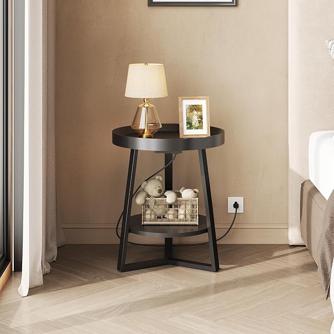 WLIVE Round End Table with Charging Station, Small Round Coffee Table, 2 Tier Side Table for Living Room/Bedroom, Sofa Couch, Wood Tabletop & Metal Frame, Black