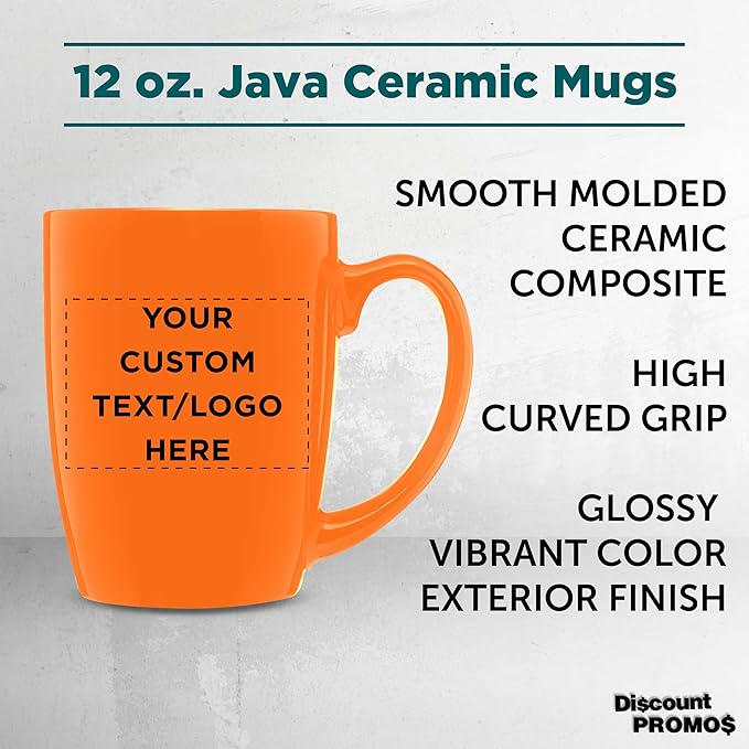 DISCOUNT PROMOS Custom Curved Java Coffee Mug 12 oz. Set of 10/50/100 - Personalized Bulk Pack - Stoneware Restaurant Cups - Orange