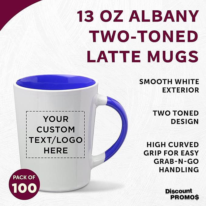 Custom Ceramic Latte Coffee Mugs by Albany 13 oz. Set of 100, Personalized Bulk Pack - Perfect for Coffee, Tea, Espresso, Hot Cocoa, Other Beverages - Cobalt Blue