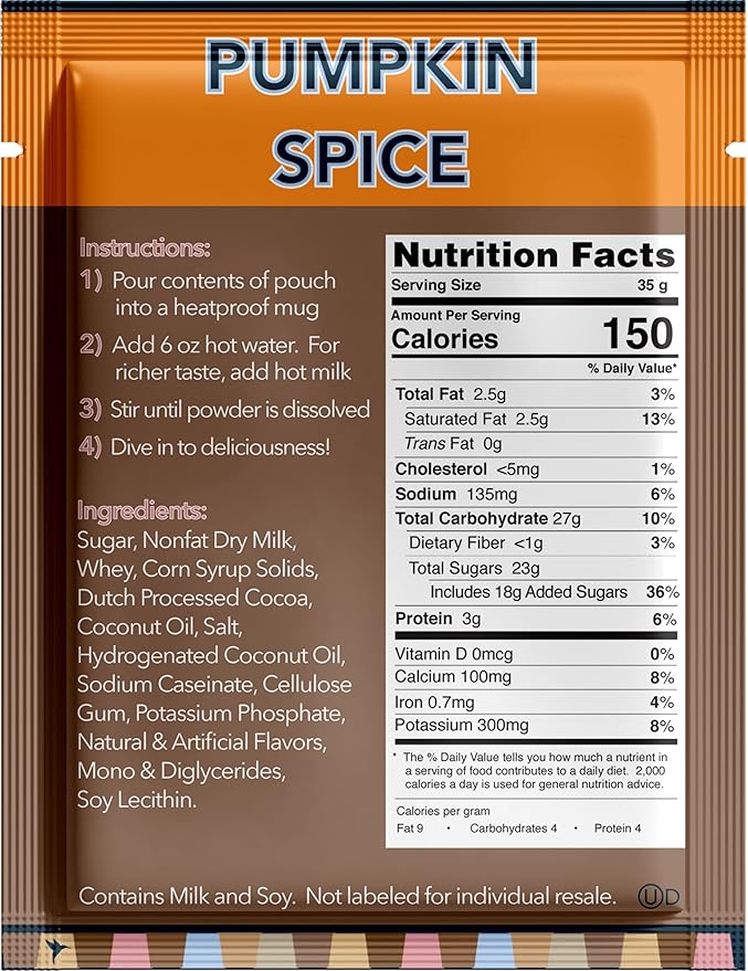 Double Donut Coffee Pumpkin Spice Hot Chocolate Mix Packets, Flavored Pumpkin Spice Hot Cocoa Mix, 18 Count