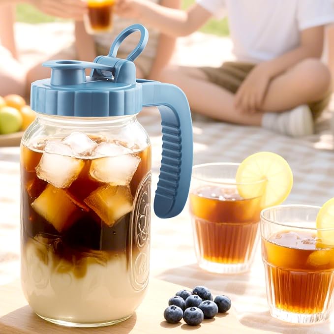 Mason Jar Pitcher With Stainless Steel Filter 64 OZ 2 Pack Wide Mouth Cold Brew Coffee Maker 2 Quart Glass water pitcher with lid Half Gallon Cold hot Tea maker For Lemonade Milk Juice Refrigerator
