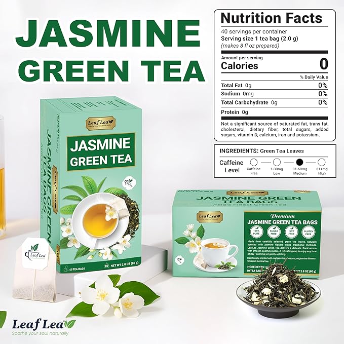 LeafLea 40 Jasmine Green Tea Bags, Premium Green Tea Scented with Jasmine Flowers for Gentle Support & Light Alertness, Floral Smoothness, Caffeinated, Sugar-Free, Non-GMO, Vegan, Individually Wrapped