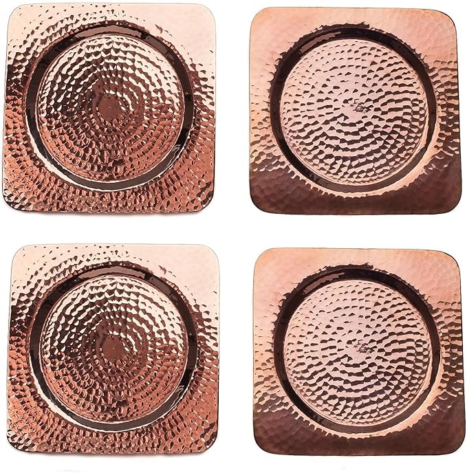 Sertodo Copper, Square Napa Cup Coaster, Hand Hammered 100% Pure Copper, 4.5 inch square, Set of 4