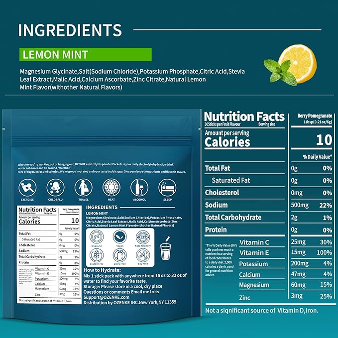 Electrolytes Powder Packets, 30 Sticks Hydration Packet Sugar Free, Electrolyte Drink Mix Travel Electrolyte for Rapid Hydration, Lemon Mint