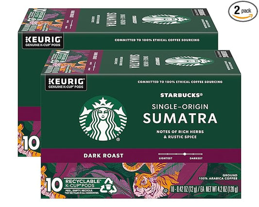 Starbucks Coffee Company Starbucks Single-Origin Coffee K-Cup Pods, Sumatra, Dark Roast Ground Coffee K-Cups for Keurig Brewing System, 100percent Arabica Coffee, 10 CT K-Cups/Box (Pack of 2 Boxes)