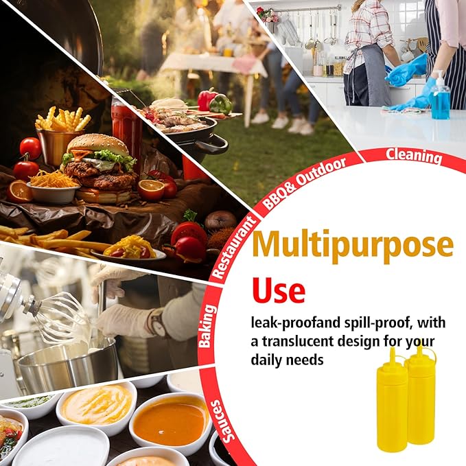 Squeeze Bottles for Sauces,Leak-Proof Condiment Dispenser, BPA-Free Kitchen Restaurant Squeeze Bottle Set with Wide Mouth for Ketchup, Mustard,Syrup,Dressings (Yellow, 4Pack-8oz(200ml))