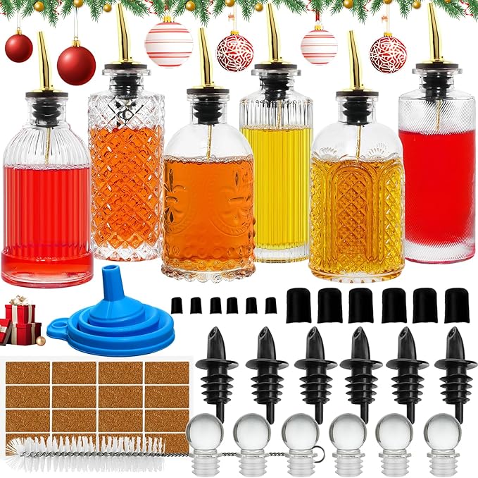 INFTYLE Coffee Syrup Dispenser Bottles Set 6 Pack 7 OZ, Simple Small Glass Syrup Bottles for Coffee Bar with Metal Pour Spout Ideal for Coffee Syrups, Honey