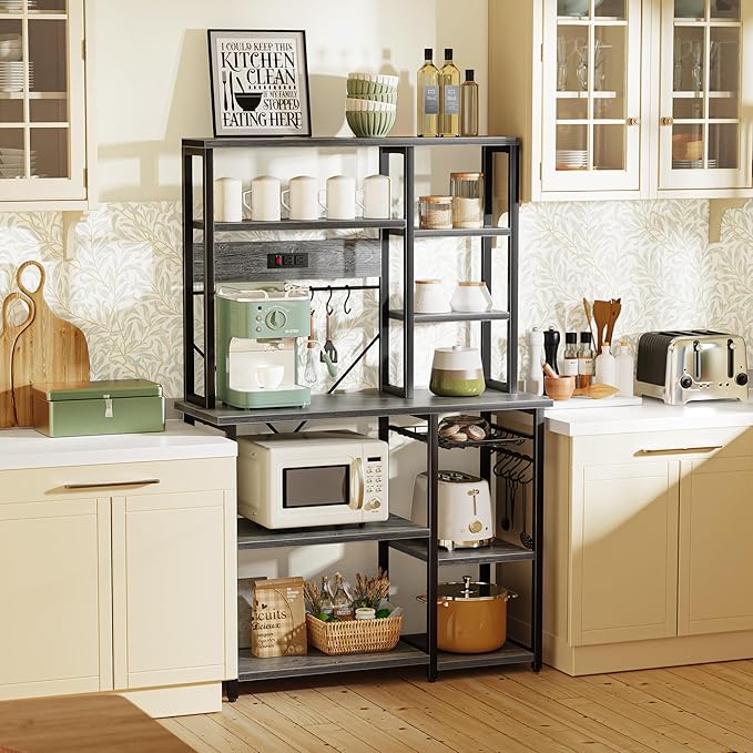 SUPERJARE Large Bakers Rack with Power Outlets, 6-Tier Microwave Stand, Coffee Bar with 12 S-Shaped Hooks, Kitchen Shelf with Wire Basket, 39.4 x 14.6 x 66.9 Inches, Charcoal Gray