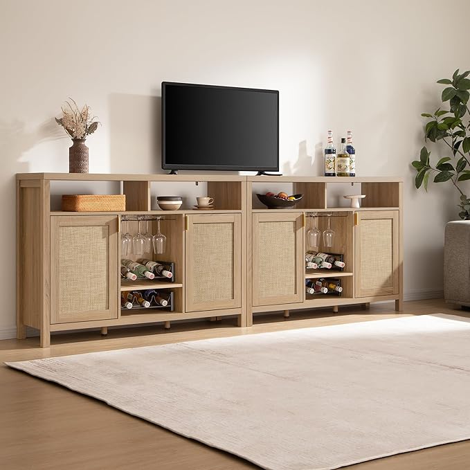 SICOTAS Rattan Coffee Bar Cabinet, 102" Large Sideboard Buffet Cabinet with Storage, Farmhouse Liquor Cabinet with Wine Racks Credenza Console Buffet Table for Home Living Dining Room Entryway