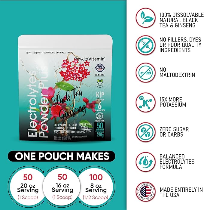 PowderVitamin Electrolytes Powder Plus (50 Servings) Black Tea Ginseng Electrolyte Powder Keto, Sugar Free, Pink Himalayan Salt,1000mg Potassium,120mg Calcium,120mg Magnesium, Hydration Powder