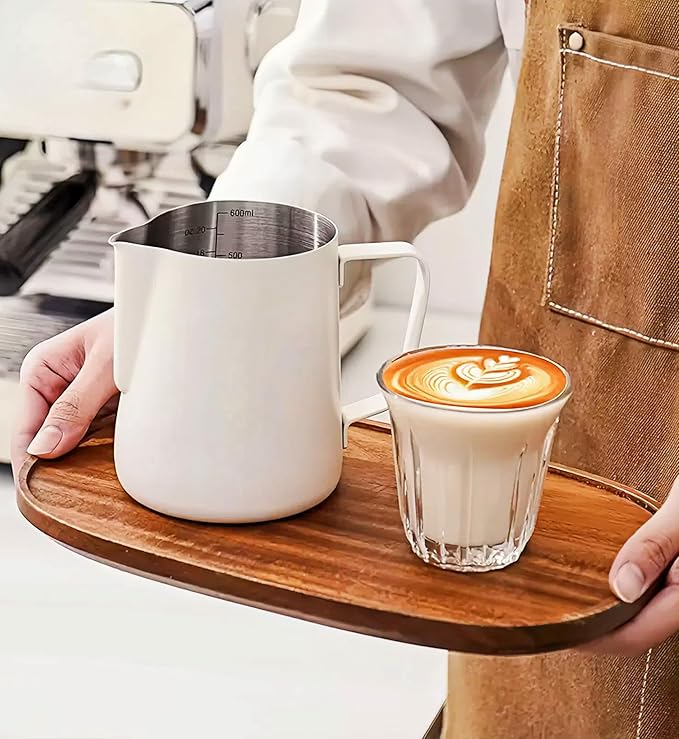 Milk Frothing Pitcher,(350ml/12oz) Steaming Pitchers,Stainless Steel Milk Cup,Cappuccino Latte Art Coffee,Barista Steam Pitchers,Temperament White