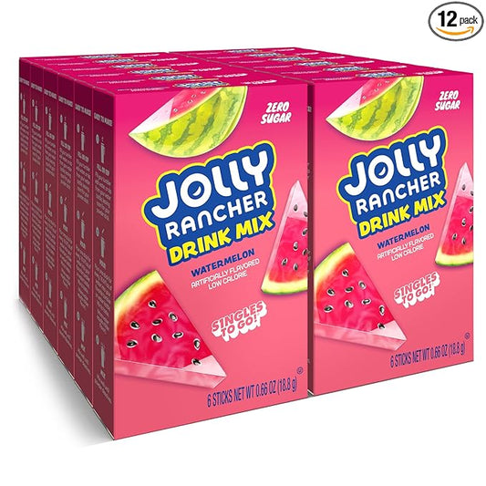 SINGLES TO GO! Jolly Rancher Rancher Water Drink Mix, Watermelon, 12 Boxes With 6 Packets Each, 72 Total Servings