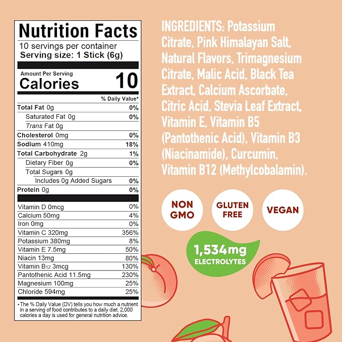 Pirq Hydration - Peach Tea - Hydration Powder Packets | Electrolyte Drink Mix | Curcumin | B Vitamins | Zero Sugar | Keto Friendly | 10 Sticks