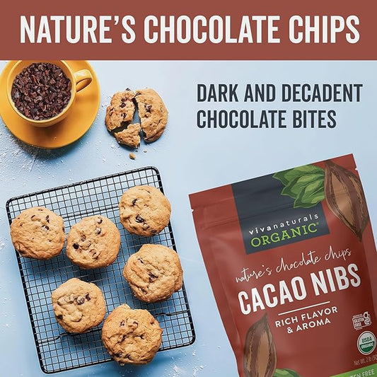 Viva Naturals Organic Cacao Nibs, Unsweetened, 2 LB (907 g), Keto Friendly, Vegan, Non-GMO, Gluten-Free Chocolate Chip Substitute