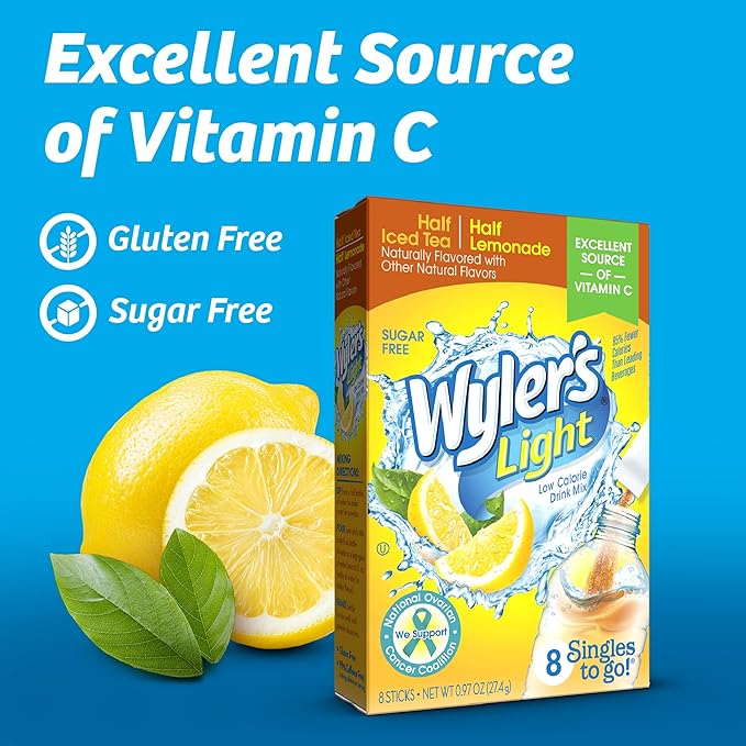 Wyler's Light Singles To Go Powder Packets, Water Drink Mix, Half Iced Tea/Half Lemonade, 96 Single Servings (Pack of 12)