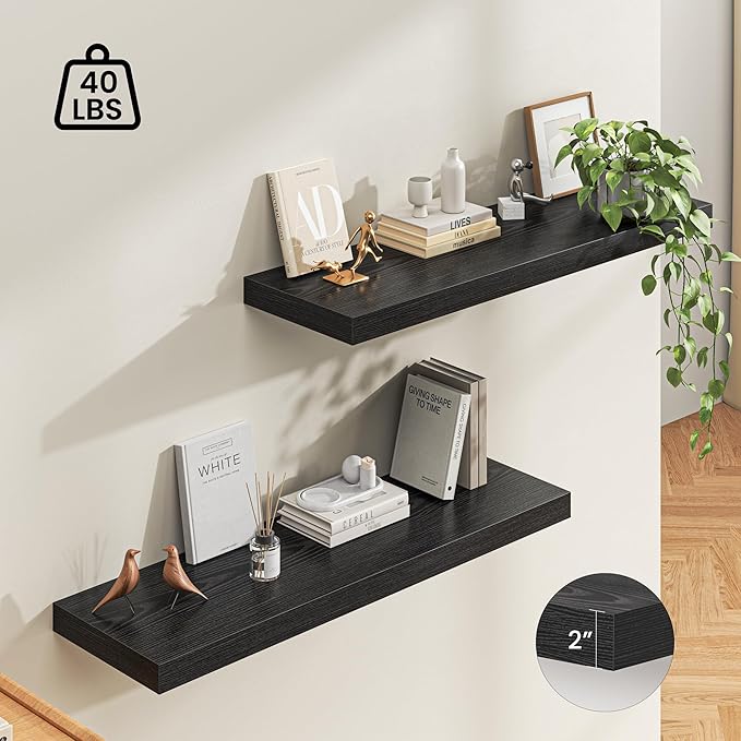 Dreamland 48" Floating Shelves for Wall, 12" Deep Thicker Black Floating Shelves, Wall-Mounted Shelves for Bedroom, Living Room, Kitchen, Bathroom - Set of 2