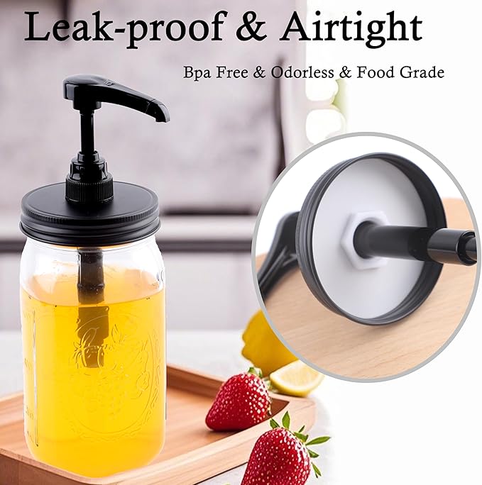 Mason Jar Syrup Honey Sauce Dispenser Pump Lid For Wide Mouth Mason Canning Coffee Syrup Condiment Pump Top Lid Food Grade Airtight & Leak (Jar Not Included)