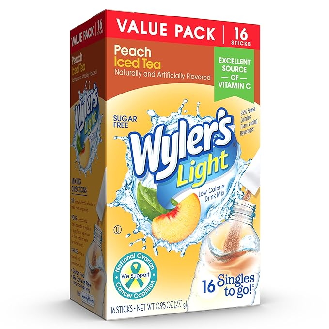 Wyler's Light Singles To Go Powder Packets, Water Drink Mix, Peach Iced Tea, 16 Count, 6 Boxes (96 Single Servings)