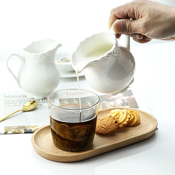 2Pcs Vintage Pure White Ceramic Creamer with Handle, 6 Oz Coffee Milk Creamer Pitcher.
