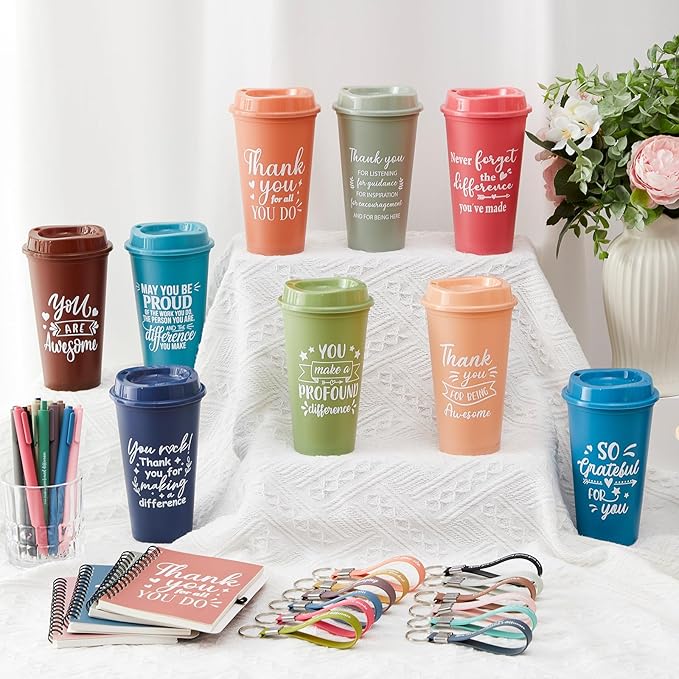 Skylety 48 Set/ 192 Pcs Employee Appreciation Gifts Bulk Thank You Inspirational Gift Set 16 oz Coffee Cups with Thank You Notebook Pen Keychain for Staff Team Teacher Coworker Friend (Morandi Color)